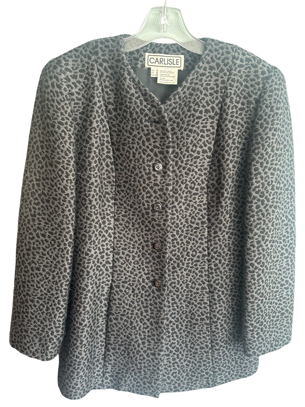 Carlisle Vintage Wool Blend Gray Leopard-Print Button Front Long Blazer Jacket